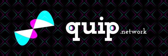 A logo for 'quip.network' featuring a geometric, multicolored icon next to white text on a dark, patterned background.