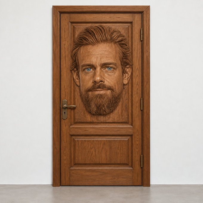 A wooden door featuring a detailed carved portrait of a bearded man's face with blue eyes in the center panel.