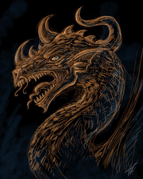 A detailed golden/bronze dragon illustration with horns, bared teeth, and flowing mane against a dark background, signed with an artist's mark.