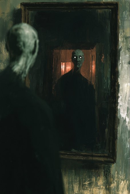 A dark, eerie digital painting depicts a bald figure with glowing eyes staring into a mirror, which reflects a haunting, shadowy version of themselves in a dimly lit room.