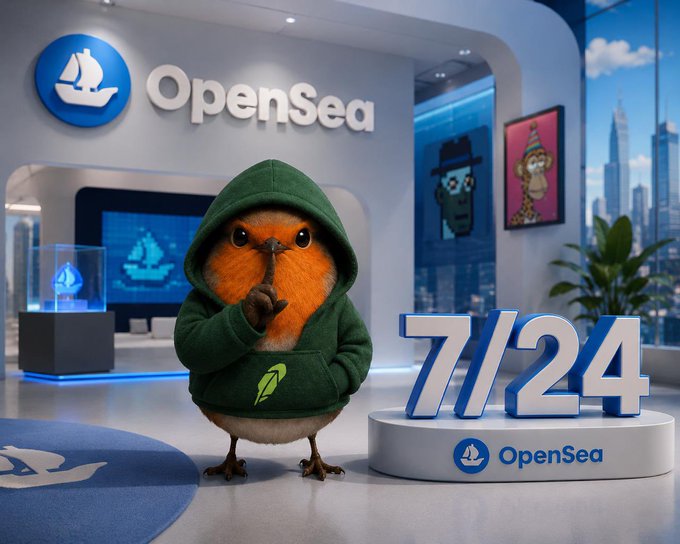A cartoon bird wearing a green hoodie with a lightning bolt logo stands inside a modern OpenSea-branded showroom, holding up one finger in a "shh" gesture. Prominently displayed beside it is a display reading "7/24" with the OpenSea logo underneath, promoting the upcoming launch of the $ROBERT NFT collection on the platform on the 24th of July.