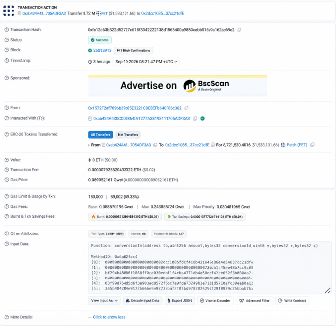 A BscScan transaction details page showing a successful transfer of 8.72 M $FET tokens, timestamped '3 hrs ago Sep-19-2026 08:21:47 PM +UTC'.