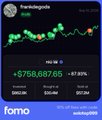 The image shows a trading interface for the token "thewisdomgoblin" on Fomo, displaying a price of $0.00001725 with a +$758,687.65 (+87.85%) gain over a 5-day period, aligning with the post's narrative about Frank Degods profiting heavily from the Backpack token.