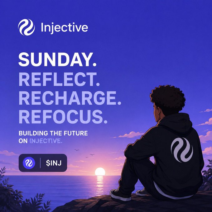 Promotional graphic for Injective featuring an anime-style character looking at a sunset over water, with text 'SUNDAY. REFLECT. RECHARGE. REFOCUS. BUILDING THE FUTURE ON INJECTIVE.' and ticker '$INJ'.