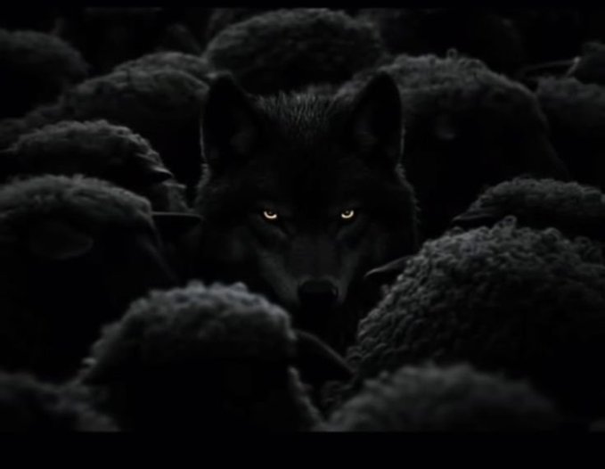 A dark, ominous image of a wolf with glowing yellow eyes staring intensely from within a flock of sheep.