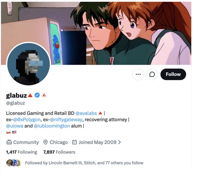 The image shows a Twitter profile for "glabuz (@glabuz)," whose bio describes them as a "Licensed Gaming and Retail BD @avalabs | ex-@0xPolygon, ex-@niftygateway, recovering attorney," with 1,417 following and 7,897 followers. The header image appears to be an anime scene of two characters looking at a screen, which ties to the post's playful commentary about someone from Avalabs (AVAX) aping into $apelink.