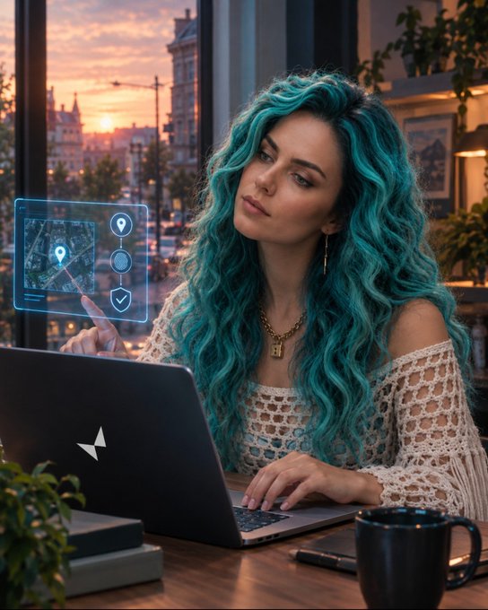 A woman with wavy teal hair wearing a white crocheted top sits at a desk using a laptop, with a holographic map interface floating beside her and a sunset cityscape visible through the window behind her.