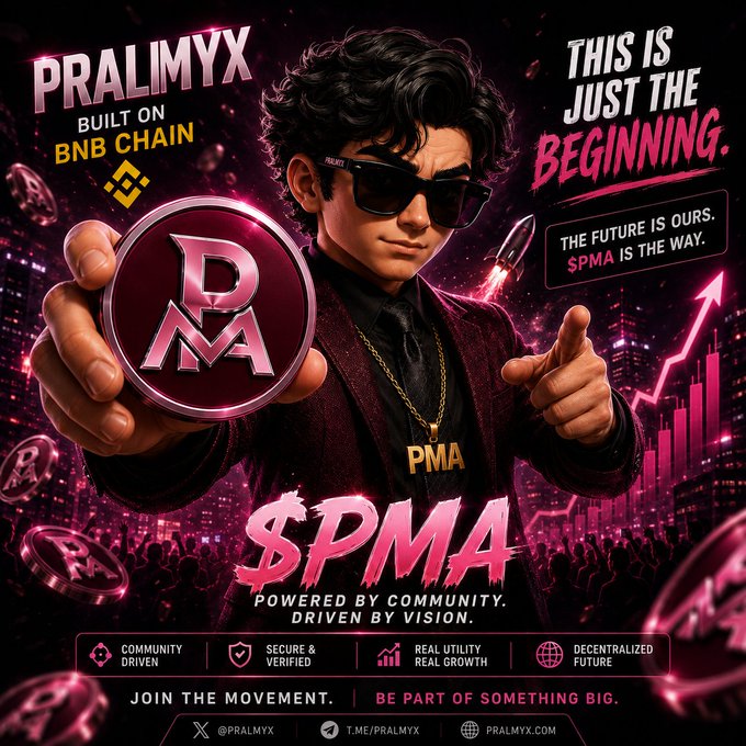 A promotional graphic for "PRALMYX" and "$PMA" token on BNB Chain, featuring a man in sunglasses holding a coin and the tagline "THIS IS JUST THE BEGINNING."