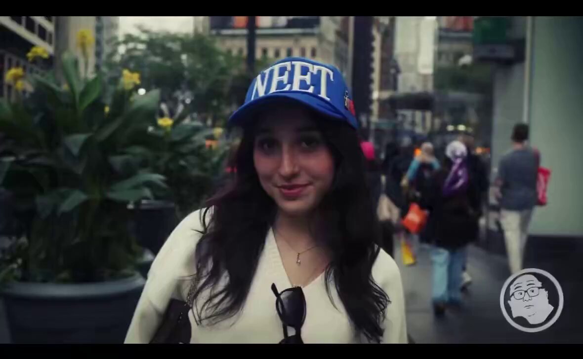The image features a woman wearing a blue baseball cap with the word "NEET". The caption reads, "What is more appealing to the average person, Pepe... or never having to work another day in their lives?". This statement suggests that the woman's choice of headwear might be seen as an appeal to the idea of enjoying life and not working.
  The image also shows a busy city street with people walking around, indicating that it is a public place where various activities are taking place. The presence of potted plants adds some greenery to the urban environment.