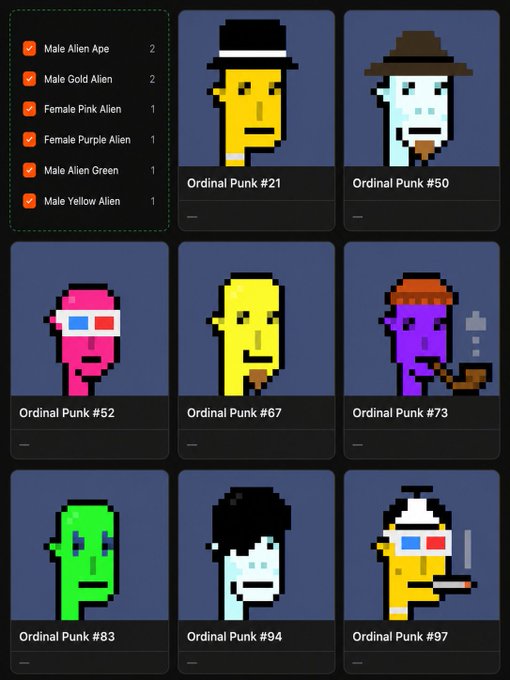 The image displays a collection of diverse Ordinal Punks, including #21, #50, #52, #67, #73, #83, #94, and #97, with categories like "Male Alien Ape" and "Male Yellow Alien" listed on the left. This visually showcases the variety of traits mentioned in the accompanying post.