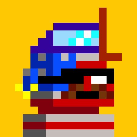 A pixel art image on a yellow background depicting a blue helmet, sunglasses, and a face mask.