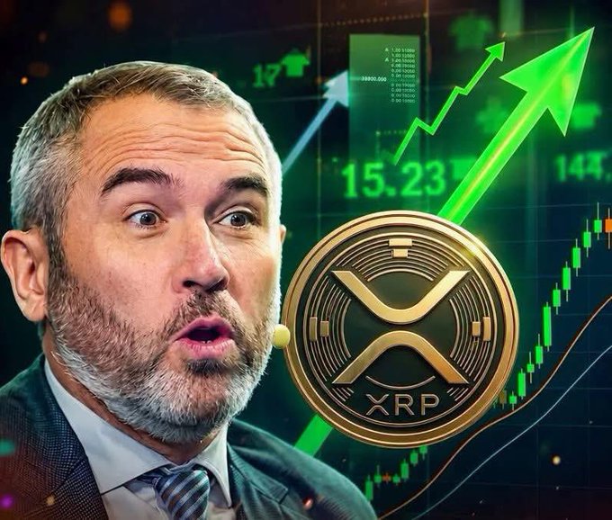The image features a man in a suit with a surprised expression, set against a green stock chart background displaying an upward arrow and a large gold XRP coin. Visible text includes "15.23" and "144" on the chart, supporting the post's message about bullish news for XRP holders.