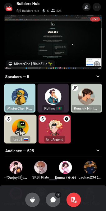A Discord-style voice channel called 'Builders Hub' shows 525 audience members and 5 speakers, including MisterChe, Rollins, Koushik Nir, Keep, and EricArgent, with a live stream about 'Quests' displayed.