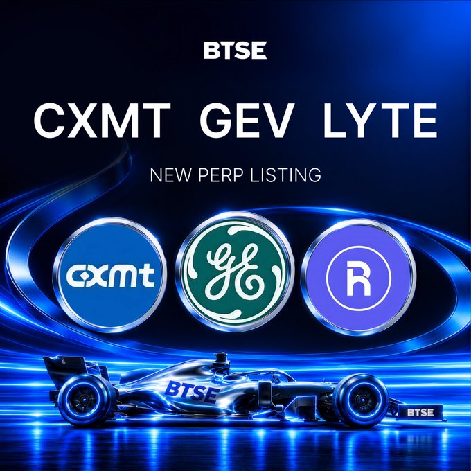 Promotional graphic for BTSE announcing new perpetual contract listings for CXMT, GEV, and LYTE, featuring three circular logos above a blue race car with BTSE markings.