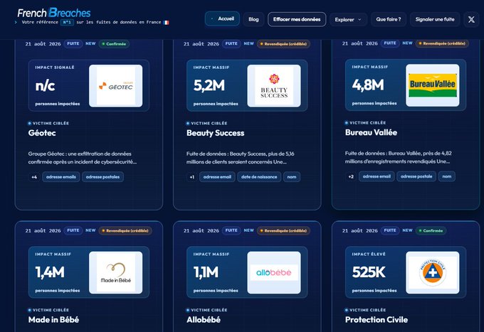 A screenshot from French Breaches website showing data breach alerts dated August 21, 2026, including victims Géotec, Beauty Success (5.2M), Bureau Vallée (4.8M), Made in Bébé (1.4M), Allobébé (1.1M), and Protection Civile (525K).