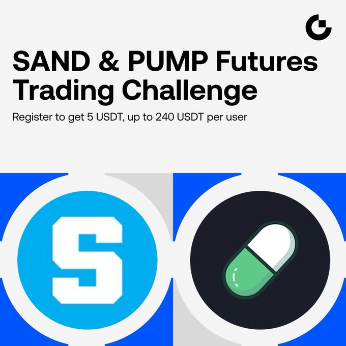 A promotional banner for a 'SAND & PUMP Futures Trading Challenge' offering registration rewards of 5 USDT, up to 240 USDT per user. Logos for The Sandbox (S) and Pump (pill icon) are shown.