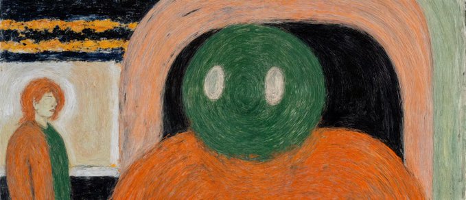 An abstract, expressionist painting featuring a large green face with white eyes set against an orange background, with a smaller figure with orange hair standing to the left.