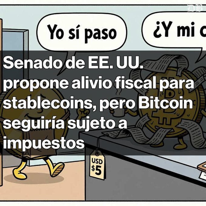 A cartoon image of a coin character being charged for a service, with Spanish text overlay reading: 'Senado de EE. UU. propone alivio fiscal para stablecoins, pero Bitcoin seguiría sujeto a impuestos'.