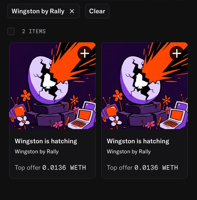 A digital marketplace listing showing two identical items titled 'Wingston is hatching' by Rally, with a top offer of 0.0136 WETH each.