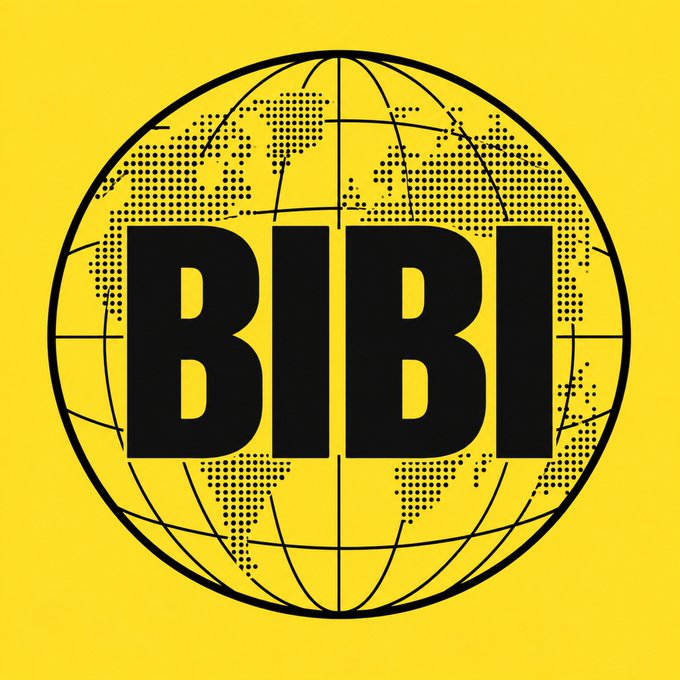 A logo featuring a globe with dotted continents on a bright yellow background, with the word 'BIBI' written in large black letters across the center.