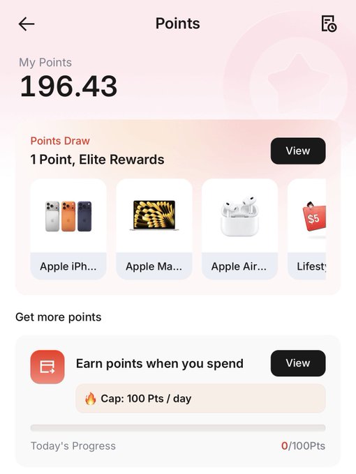 Mobile rewards app displaying a Points page with 196.43 My Points, a Points Draw for Elite Rewards including Apple iPhone, MacBook, and AirPods, and a Get More Points section showing 0/100 Pts daily progress.