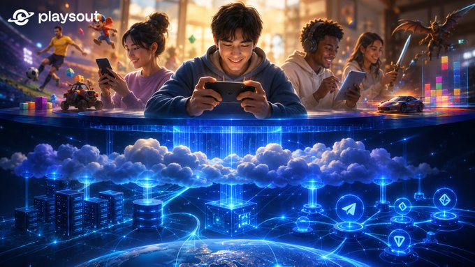 A vibrant Playsout promotional image showing diverse gamers playing on mobile devices with a cloud gaming/servers infrastructure visualized below in glowing blue.