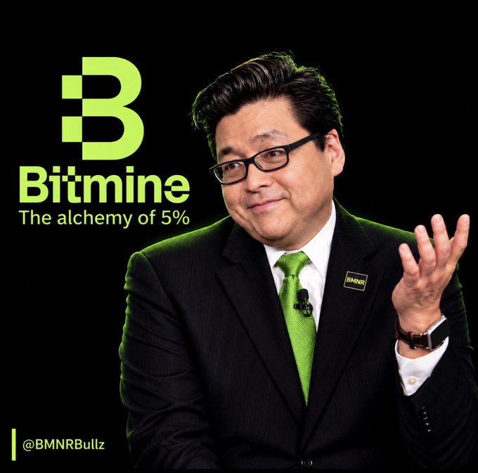 A man in a black suit with a green tie wears a "BMNR" lapel pin in front of a black background featuring the green BitMine logo and the tagline "The alchemy of 5%," with the handle "@BMNRBullz" displayed in the corner, visually representing the post's discussion of BitMine's strategy to raise equity and accumulate ETH to back each BMNR share.
