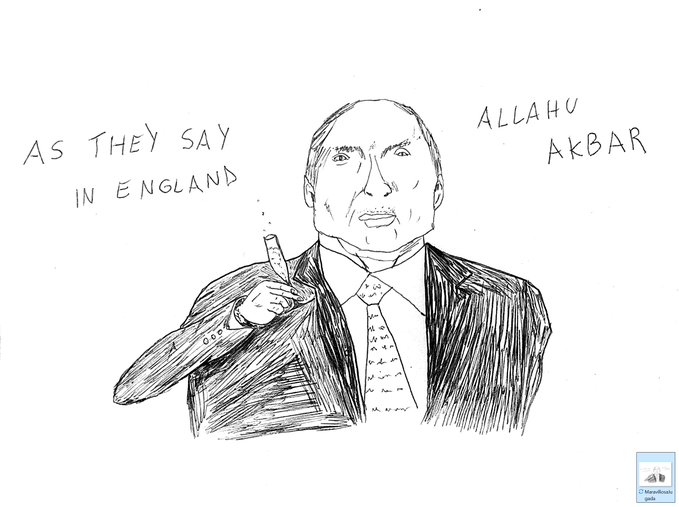 A black and white sketch of a man resembling King Charles holding a cup, with text reading 'AS THEY SAY IN ENGLAND' and 'ALLAHU AKBAR'.