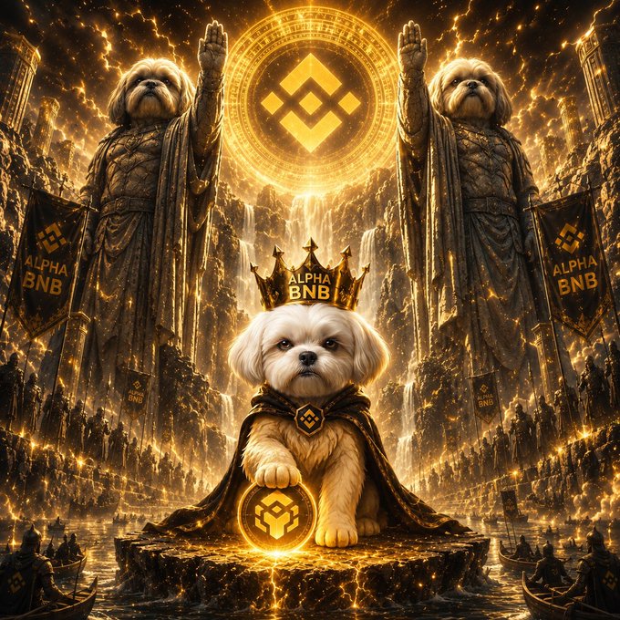 A fantasy-themed digital artwork featuring a small white dog wearing a crown labeled 'ALPHA BNB' and a cape, holding a glowing Binance logo coin, flanked by giant stone dog statues and 'ALPHA BNB' banners in a golden, epic setting.