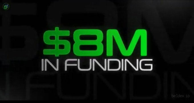 A graphic displaying '$8M IN FUNDING' in bold green text on a dark background with a stylized 'beldex' logo.