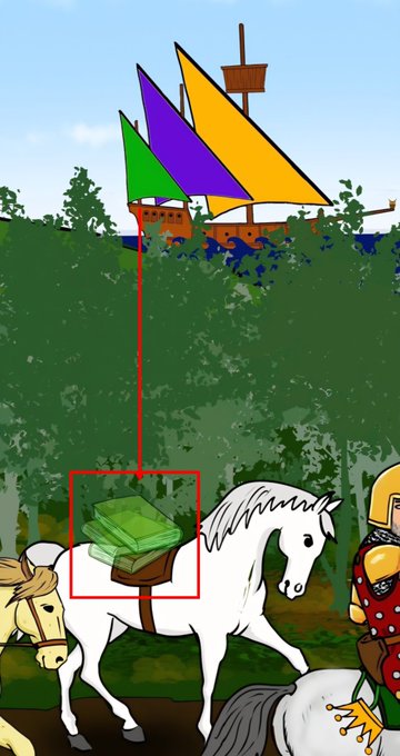 A red arrow points from a ship with green, purple, and orange sails to a stack of green ledgers on a horse's saddle. This visually connects the "hidden green ledger" to the ship, implying a hidden "original price" associated with it.