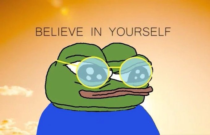 A popular 'Believe in Yourself' meme featuring the Pepe the Frog character wearing round yellow-tinted glasses and a blue shirt against a sunset sky background.