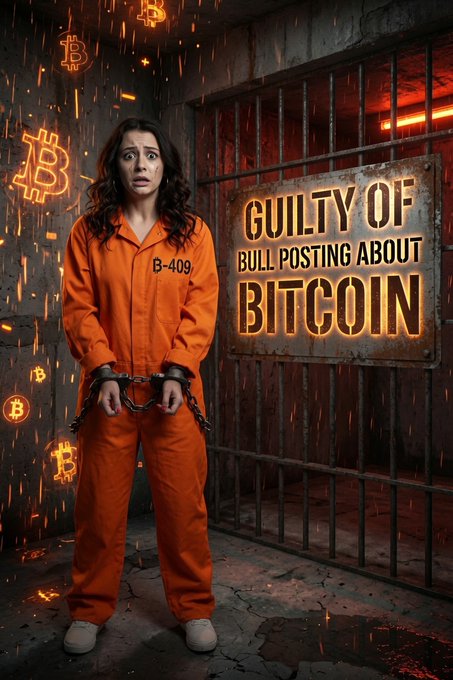 The image features a woman dressed in an orange jumpsuit, standing in front of a jail cell with chains around her wrists. She appears to be in a state of distress or confusion as she looks at the camera. The caption below the image reads "I am guilty of being bullish on Bitcoin". This suggests that the woman might have been involved in some form of bitcoin trading activity and is now facing consequences for it, such as imprisonment.
