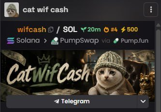 A Discord-style interface displays a "Cat Wif Cash" token card showing "$wifcash / SOL" trading on Solana via PumpSwap/Pump.fun, ranked #4 with a $500 market cap and 20m liquidity, featuring a cat in a beanie surrounded by money imagery—visually supporting the post's claim about $wifcash ranking 4th on DEX and targeting massive growth.