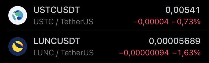 A cryptocurrency price ticker showing USTC/USDT at 0.00541 (down 0.73%) and LUNC/USDT at 0.00005689 (down 1.63%).