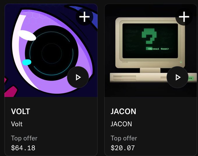 A screenshot of an NFT marketplace showing two listings: "VOLT" with a top offer of $64.18 and "JACON" with a top offer of $20.07.