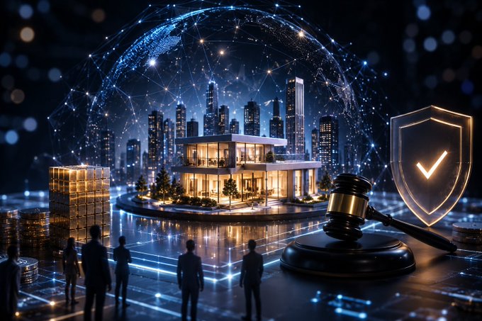 A futuristic scene depicts a glowing modern house and city skyline enclosed within a digital sphere, alongside a judge's gavel and a shield with a checkmark, symbolizing security and verification. Silhouettes of people and stacks of gold bars frame the composition, visually representing Loaf V1's launch of real-world asset (RWA) trading on a stable blockchain infrastructure.