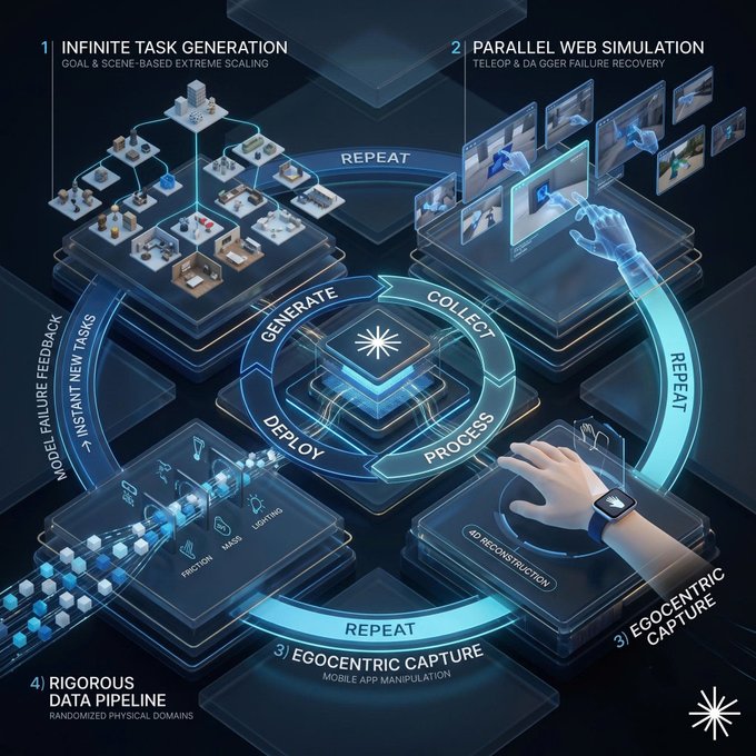 A futuristic diagram illustrates Axis Robotics' four-stage compounding data flywheel: (1) Infinite Task Generation with goal & scene-based extreme scaling, (2) Parallel Web Simulation featuring teleop & DAgger failure recovery, (3) Egocentric Capture through mobile app manipulation, and (4) Rigorous Data Pipeline across randomized physical domains—connected by a central Generate-Collect-Process-Deploy-Repeat loop that visually reinforces the post's emphasis on a self-correcting robotics infrastructure pipeline.