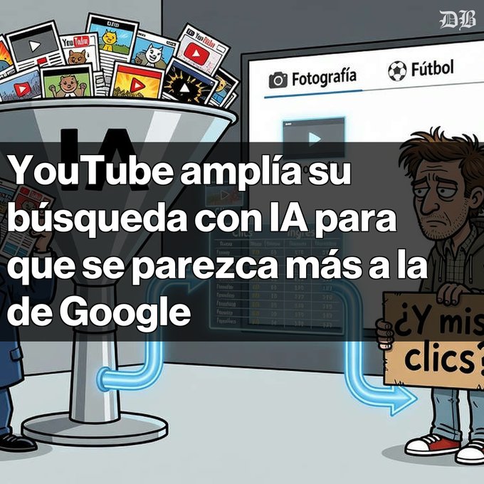 A Spanish-language editorial cartoon shows a YouTube content funnel draining 'clics' (clicks) away from a worried creator, with the headline 'YouTube amplía su búsqueda con IA para que se parezca más a la de Google'.