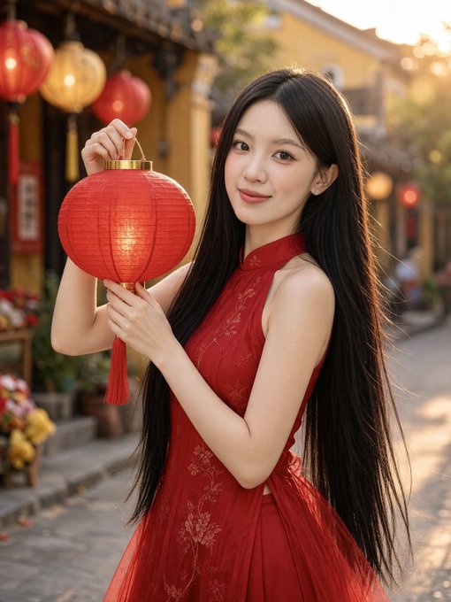 A young woman in a red Chinese-style dress holds a red paper lantern in a traditional street setting decorated with hanging lanterns.