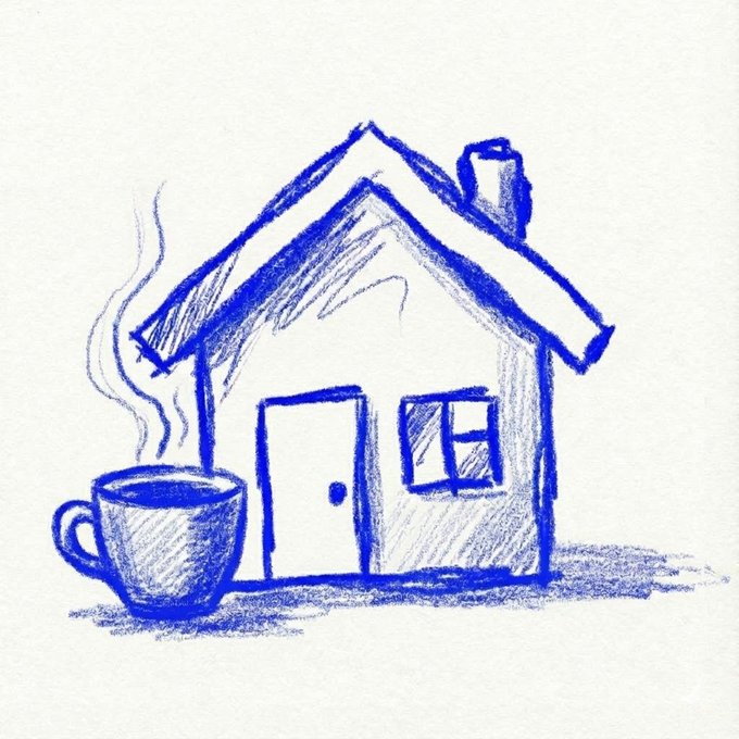 A simple blue ink sketch on white paper depicting a small house with a steaming coffee mug beside it.
