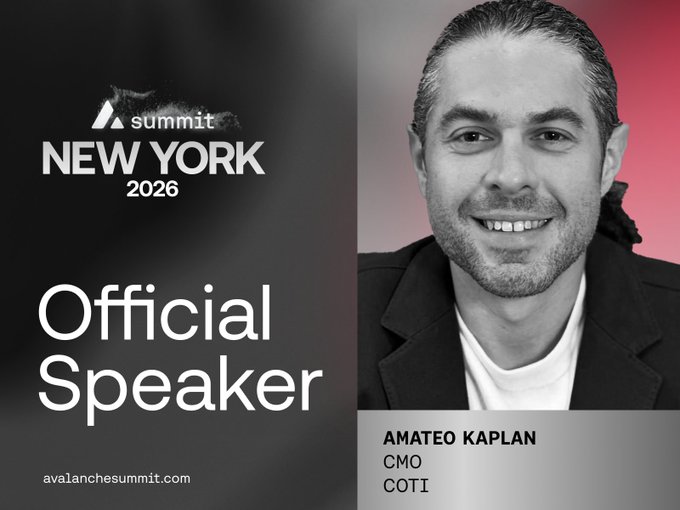 A promotional graphic for Avalanche Summit 2026 in New York features Amateo Kaplan, CMO of COTI, as an official speaker. The image displays the event branding along with the dates "Sept 16-17" and the website "avalanchesummit.com," aligning with the post's announcement of COTI's participation in the summit.