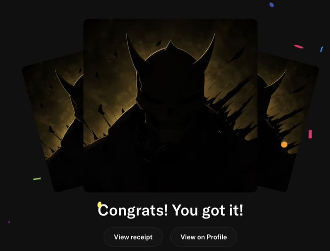 A digital interface showing three dark cards featuring a silhouette of a horned figure, with confetti falling and text reading "Congrats! You got it!" above buttons for "View receipt" and "View on Profile".