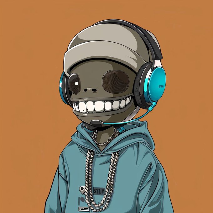A digital illustration of a cartoon character with a wide grin, wearing a cap, headphones, and a teal hoodie with a silver chain.