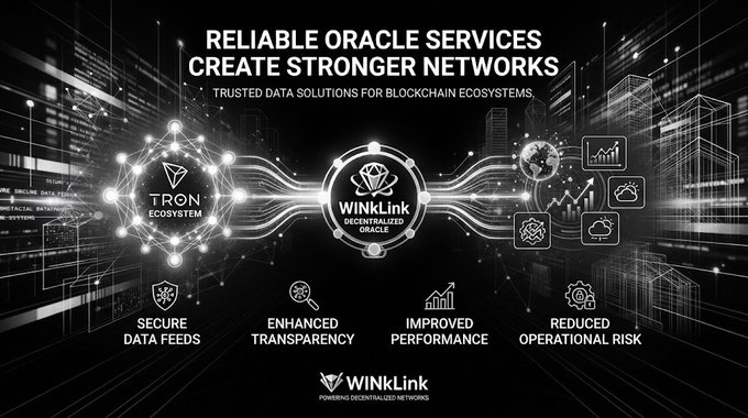 A digital promotional banner advertises WinkLink's decentralized oracle services for the TRON ecosystem, highlighting benefits like secure data feeds, enhanced transparency, improved performance, and reduced operational risk.