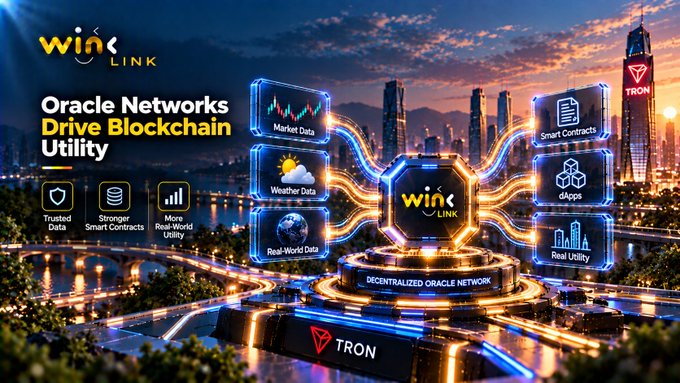 WinLink promotional graphic reading 'Oracle Networks Drive Blockchain Utility', featuring 'Trusted Data', 'Stronger Smart Contracts', and 'More Real-World Utility' alongside Market Data, Weather Data, Real-World Data, Smart Contracts, dApps, and Real Utility, with TRON branding visible.
