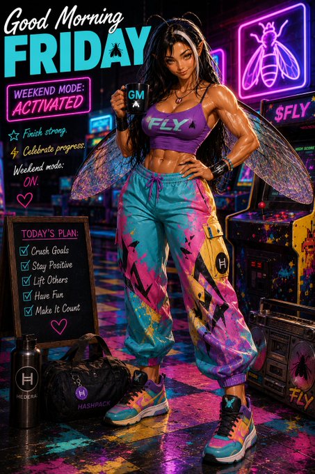 A vibrant motivational graphic titled 'Good Morning FRIDAY' features an athletic woman in colorful streetwear with the text 'WEEKEND MODE: ACTIVATED' and a 'TODAY'S PLAN' checklist.