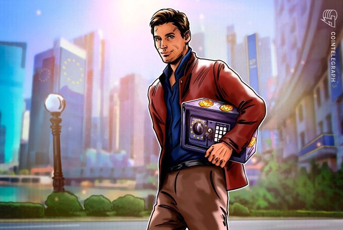 Comic-style illustration of a man in a red jacket carrying a safe filled with Bitcoin coins in a city setting, branded with the Cointelegraph logo.