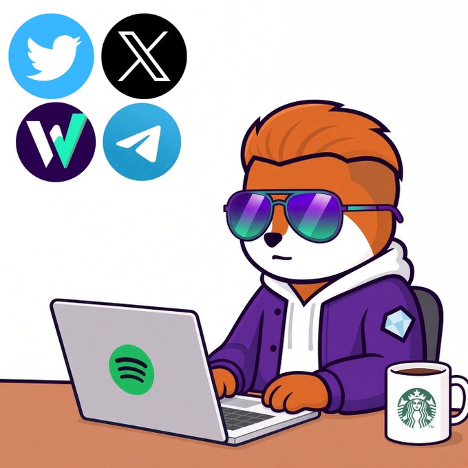 A cartoon illustration of an anthropomorphic fox with orange hair and sunglasses using a Spotify laptop with a Starbucks mug, featuring Twitter/X, X, W, and Telegram icons.
