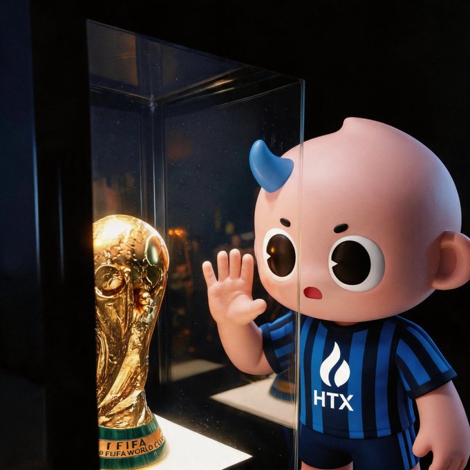 The image features a cartoon character, possibly a little boy or a child, wearing a blue shirt with "HTX" written on it. The character appears to be waving at someone who is holding a trophy that has the word "FIFA" written on it. The trophy is placed in front of a glass display case, which adds an element of mystery and intrigue to the scene. The caption above the image reads: "Good morning, good morning, GM GM! Why does it feel like there's a sense of excitement in the air today!"
